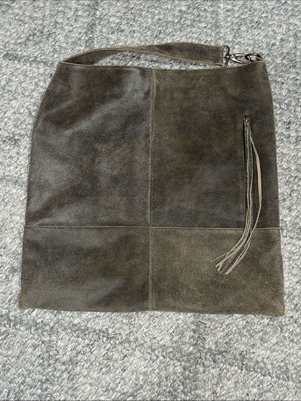 Large HOBO International Olive/Brown Cowhide Panel Hobo Bag with Fringe Zip Pull
